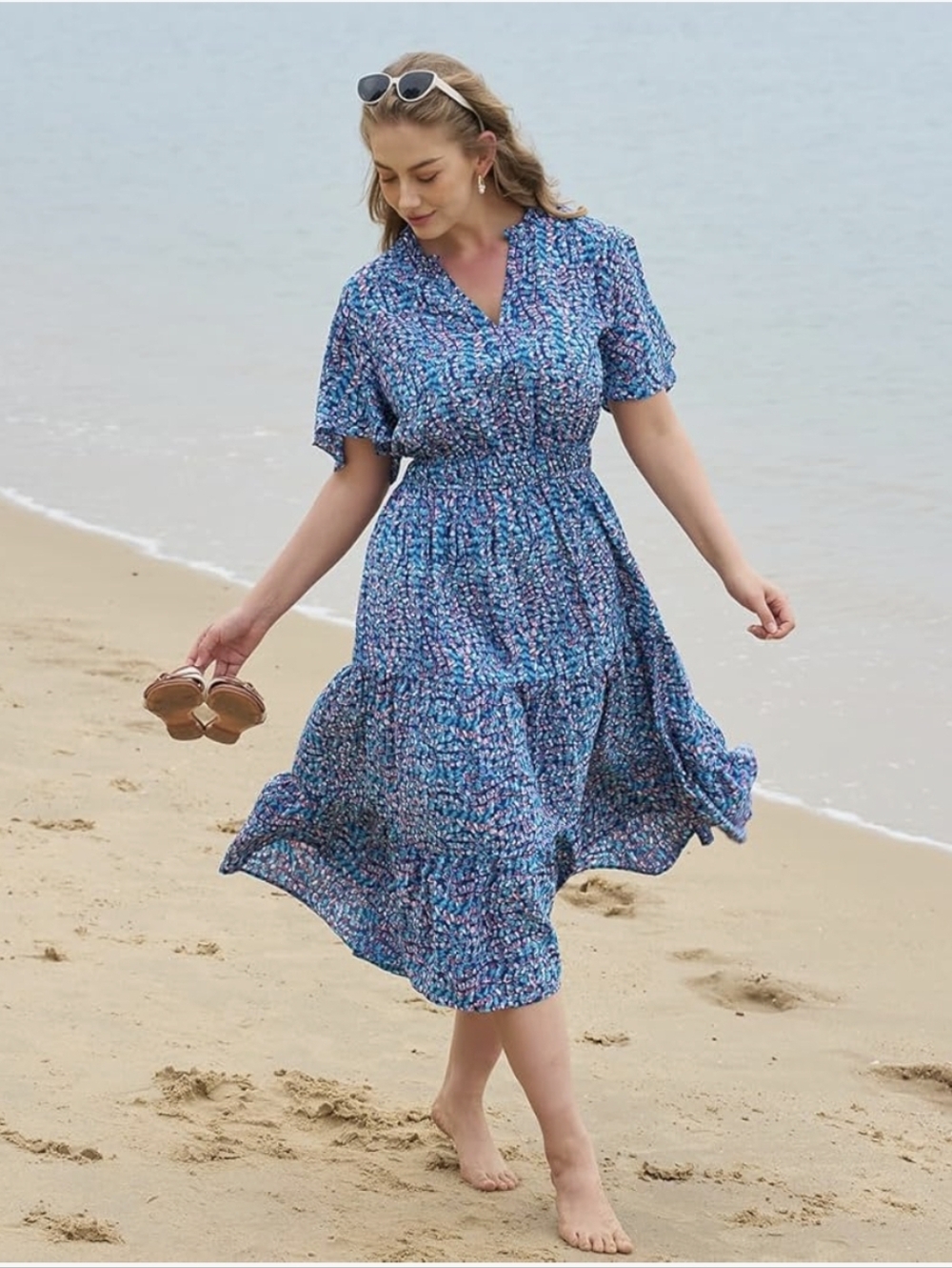 Blue Floral Midi Dress with Smocked Waist - Picture 2 of 5